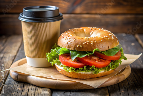Vegetarian bagel sandwich with lettuce, tomato in sesame bun, served with a coffee to go, on rustic wooden background