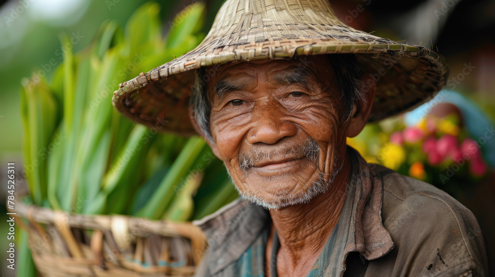 Elderly Asian Farmer Wearing a Traditional Hat Smiling Near a Basket of Fresh Produce