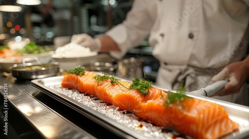 Big salmon is in hands of experienced Japanese chef. He is using knife to slice salmon fillet for sashimi and sushi.