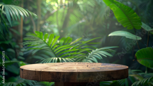 A wooden table with a round top in a jungle setting