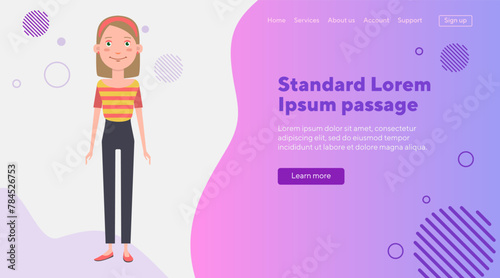 Pretty schoolgirl flat vector illustration. Teenager in T-shirt and trousers. School, education, teenage years concept for web design, banner, landing page