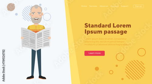 Senior man with newspaper. Pensioner spending his free time by reading news. Flat vector illustration. Hobby, reading, retirement, pension concept for banner, website design or landing page