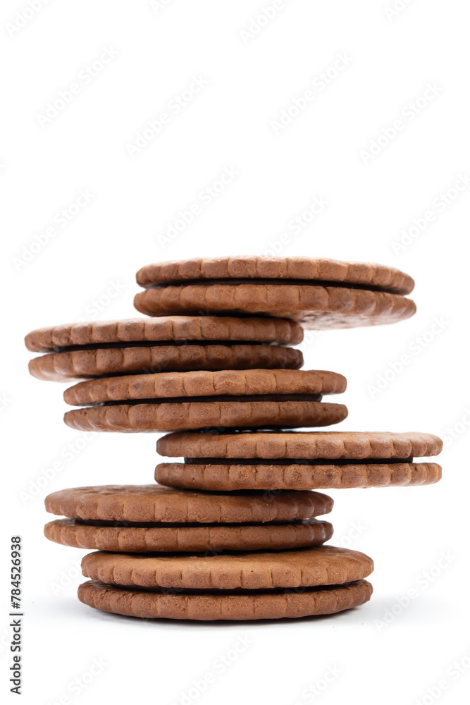 Chocolate cookies with cream filling on white background. Chocolate cookies with cream filling on white background.