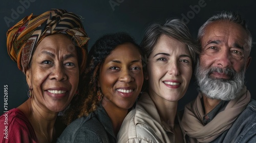 Happy group of friends posing and smiling together for a portrait in front of a black background © VICHIZH