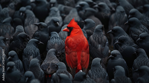 A flock of black birds with a red cardinal standing out