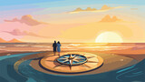The compass in hands of the men on the beach 2d flat