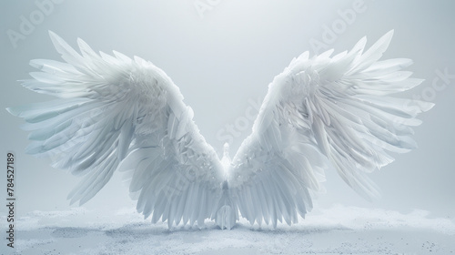 A white angel wing is shown in a white background photo
