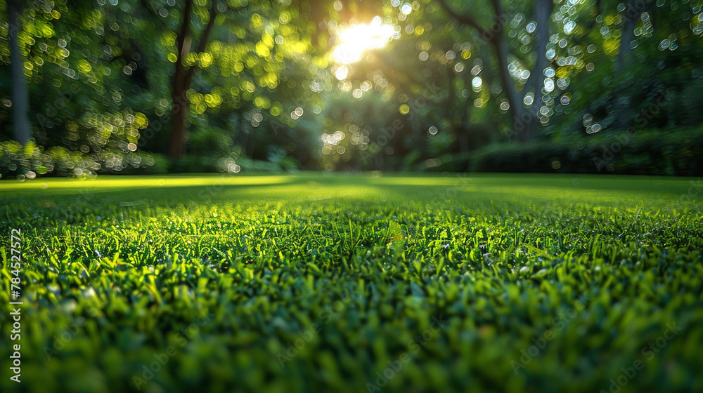 Green lawn and trees background with copyspace. Nature background concept. Generative AI Green lawn and trees background with copyspace. Nature background concept. Generative AI