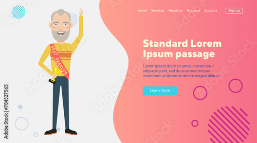 Best grandpa with award cup. Senior man with shoulder strap ribbon and best grandpa inscription. Vector illustration. Success, retirement, pensioner concept for banner, website design or landing page