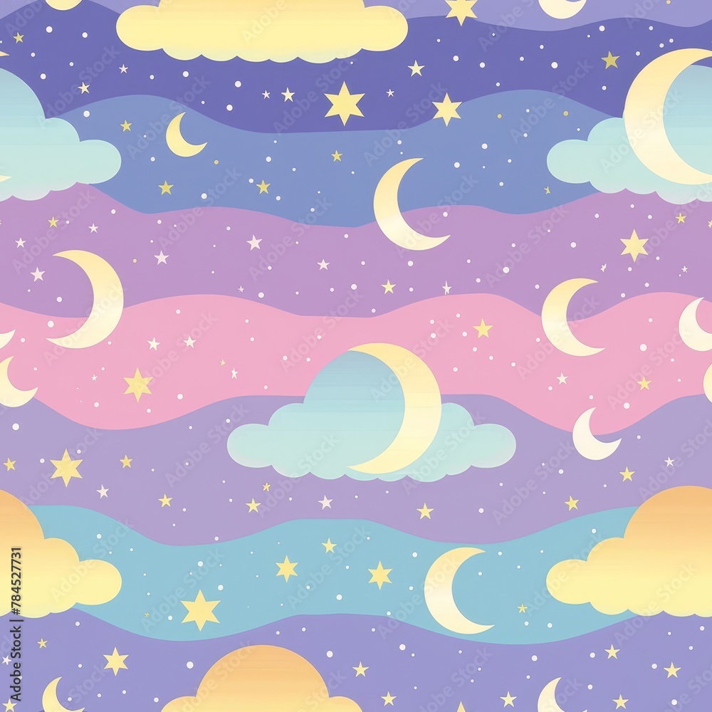 Obraz premium a comic book style, pastel color, Whimsical night sky with crescent moons and twinkling stars for dreamy bedroom decor background, featuring a 70s