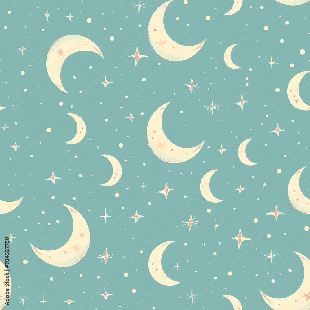 Moon Pattern Whimsy Background A comic book style, Seamless pattern, pastel color, Whimsical night sky ...