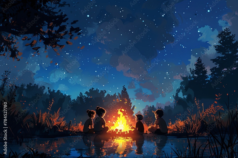 Starry night camping scene with father and child by a fire, perfect for storytelling in travel