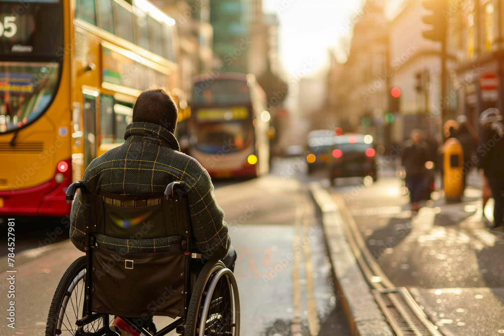 A man in a wheelchair is riding down a city street
