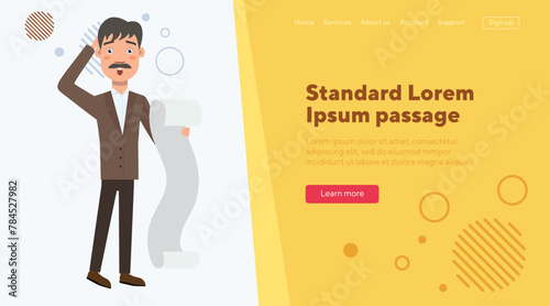 Puzzled businessman with financial report. Male bookkeeper holding accounting record. Flat vector illustration. Paperwork, accounting, finance, analytics concept for web design, banner, landing page