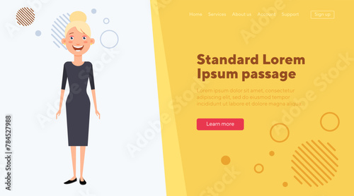 Stylish lady in balck dress flat vector illustration. Young businesswoman with hairstyle. Lifestyle, business success concept for web design, banner or landing page