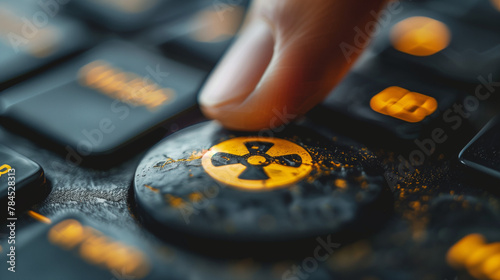 Hand pressing atomic weapon button - nuclear bomb detonation. Conflict, world war 3 or nuclear war.