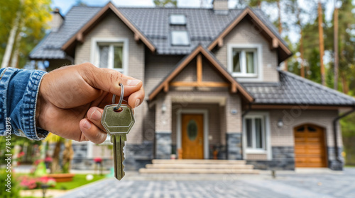 A person is holding a key in front of a house