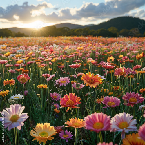 A field of flowers with a bright sun in the background