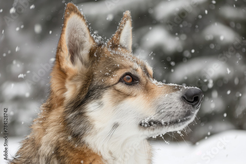 Portrait of a beautiful wolf in the snow, with a winter forest background, snowflakes falling, side view © Florian