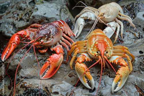 Three diverse and vibrant lobsters, on wet rocky surface