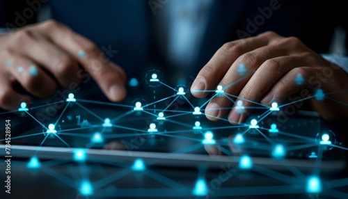 Businessman using tablet with database analysis and customer support.