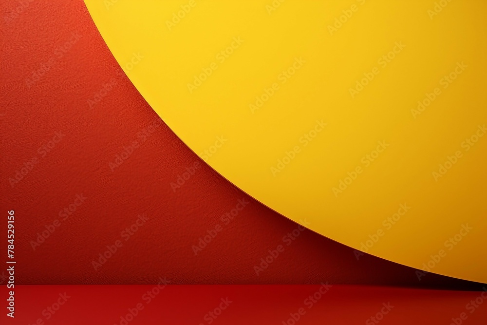 立体的な抽象テンプレート。赤いグランジ背景に黄色い円の一部がある展示空間