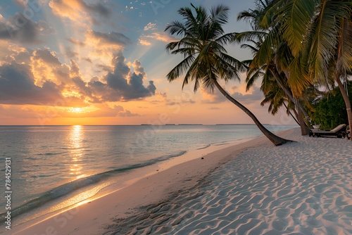Beach in the Maldives at sunset. Palm trees, sand, sea. Landscape view from the shore.