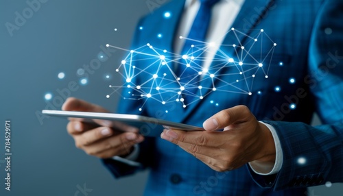 Businessman using tablet with database analysis and customer support.