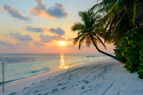 Beach in the Maldives at sunset. Palm trees  sand  sea. Landscape view from the shore.