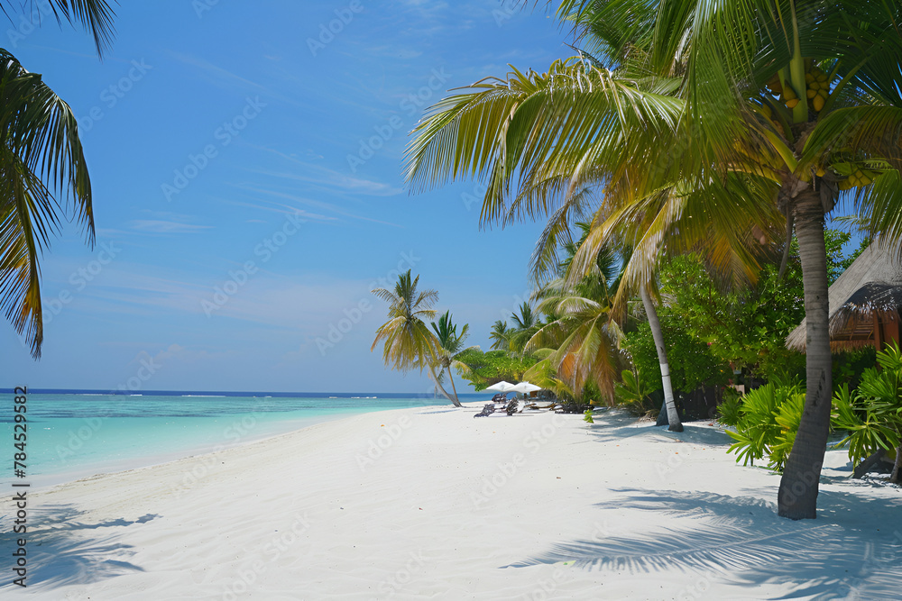 Sunny beach in the Maldives. Palm trees, white sand, ocean. Landscape view from the shore.