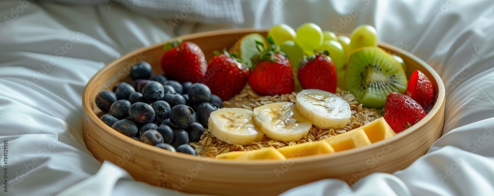 An inviting breakfast in bed scene with a bamboo tray, oatmeal and fresh fruits, against a light, unobtrusive background An inviting breakfast in bed scene with a bamboo tray, oatmeal and fresh fruits, against a light, unobtrusive background