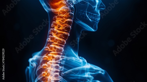 X - ray film of the spine reveals cervical spondylosis, a degenerative disc disease. The patient has phone addiction and experiences neck pain, numbness, and weakness. Focus on the area of discomfort