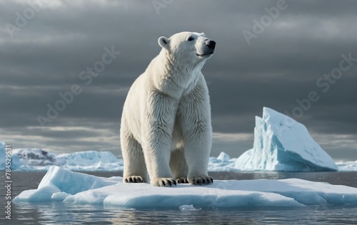 A carnivorous polar bear stands on ice in the fluid polar landscape