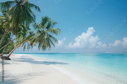 Sunny beach in the Maldives. Palm trees  white sand  ocean. Landscape view from the shore.