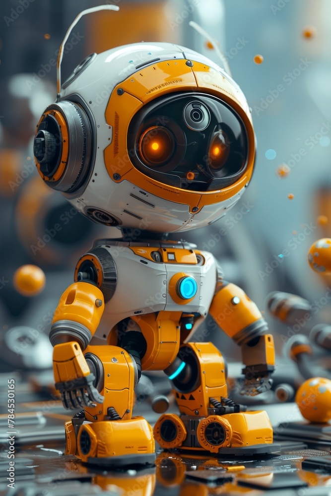 Create a lively, cute scene of modern mining robots working, bright and minimal in 3D Blender style, isolated background, space for texts