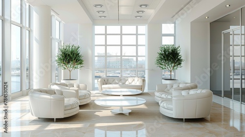 Modern white designer sofa in middle of minimalistic living room with high ceiling, futuristic chair, green plant. © PaulShlykov