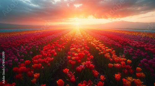 A field of flowers with a bright orange sun in the sky