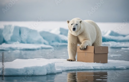 A polar bear on sea ice holds a cardboard box in natural landscape