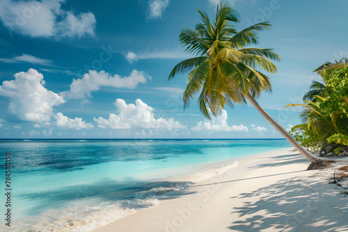 Sunny beach in the Maldives. Palm trees  white sand  ocean. Landscape view from the shore.