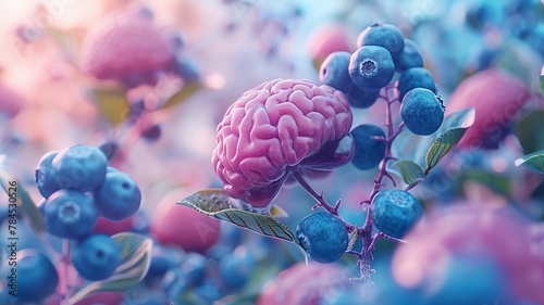 A brain nestled in a cluster of blueberries, illustrating the concept of brain food with the powerful nutrients of these healthy berries