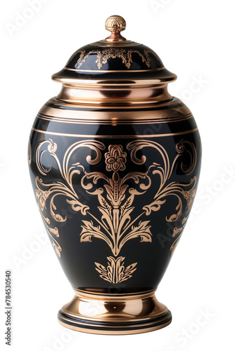 Elegant black marble cremation urn with gold fleur-de-lis detail and polished finish.