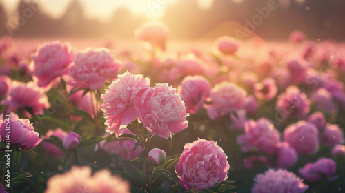 A field of pink flowers with the sun shining on them