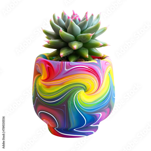 Front view of Rebutia cactus pot with a vibrant rainbow swirl design isolated on a white transparent background photo