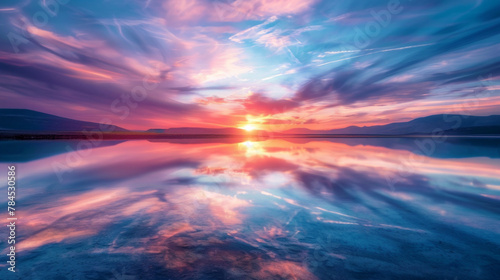A beautiful sunset over a calm lake with a reflection of the sun in the water