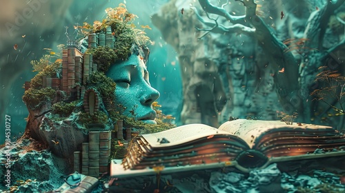 An open book against the background of a surreal scene of a fantastic landscape