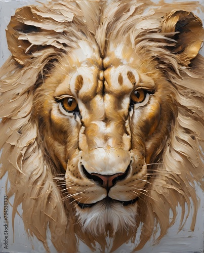 Panel home wall art, oil painting of golden lion on neutral background, soft palette knife strokes in neutral tones