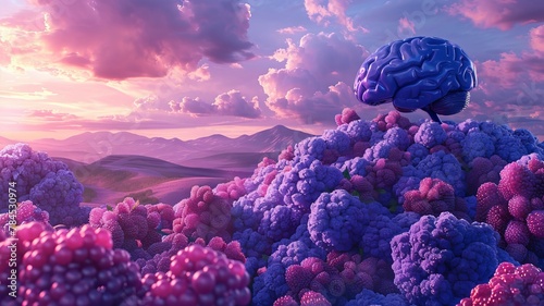 A giant brain presides over a hill composed of antioxidant-rich blueberries, a metaphor for cognitive enhancement through nutrition photo