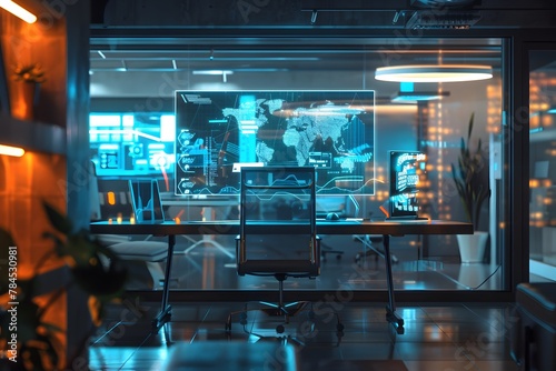 Futuristic Office Workspace with Holographic Displays