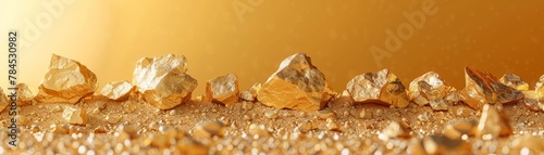 Minimalist depiction of gold ore rocks on a conveyor belt, isolated against a clean background for text photo