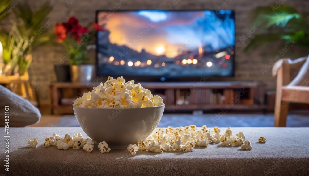 Generated image of popcorn in front of tv Generated image of popcorn in front of tv